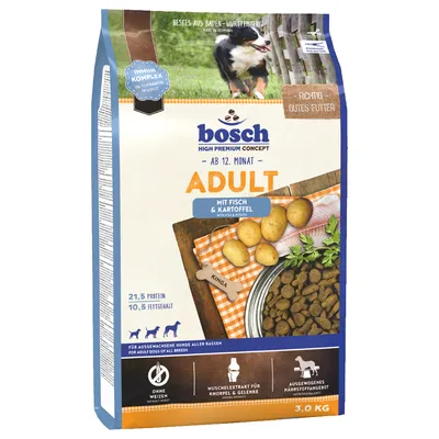 Bosch High Premium Concept Adult ab 12. Monat, mit Fisch & Kartoffel, ohne Weizen, für ausgewachsene Hunde aller Rassen, 21,5% Protein, 10,5% Fettgehalt, 3kg Packung.