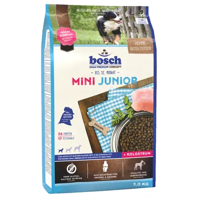 bosch Mini Junior bis 12 Monate, High Premium Concept, viel frisches Geflügel, ohne glutenhaltiges Getreide, Kolostrum, für kleine Rassen bis 15 kg Endgewicht, 3 kg Packung.