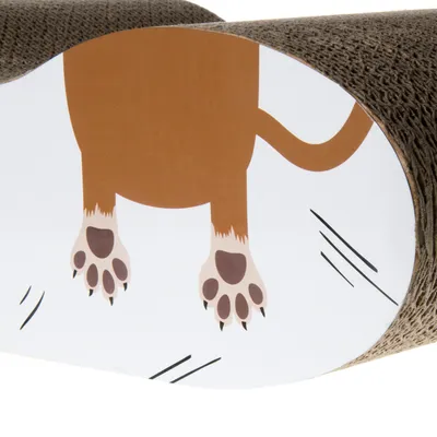 Illustration av bruna hundtassar på en vit yta, del av en klösleksak av kartong.