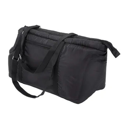 Sac de transport noir en tissu avec deux anses et une bandoulière réglable, poche zippée visible sur le côté.