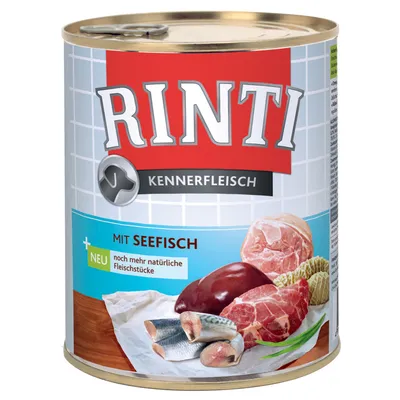 Rinti Kennerfleisch mit Seefisch, afbeelding van vlees, vis en orgaanvlees op het etiket. Tekst: 'neu noch mehr natürliche Fleischstücke'.