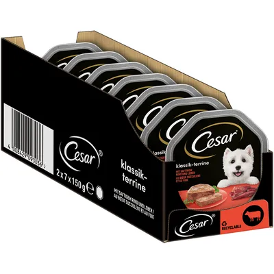 Cesar Klassik-Terrine, 2x7x150g, mit saftigem Rind und Leber. Recycelbare Verpackung, Produktabbildung mit Fleischstücken und Recycling-Symbol.