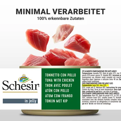 Schesir in Jelly. Minimalno predelano, 100 % prepoznavne sestavine. Tuna s piščancem.