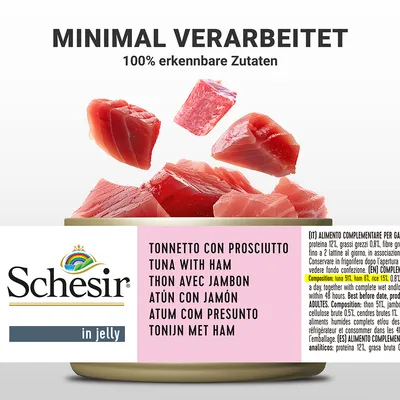 Schesir in Jelly. Minimalno predelano, 100 % prepoznavne sestavine. Tuna s pršutom. Sestava: tuna 51 %, pršut 6 %, riž 1 %. Dopolnilna hrana za mačke.