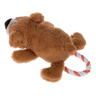 Giocattolo di peluche a forma di orso con pelliccia marrone e corda integrata in materiale bianco-rosso.