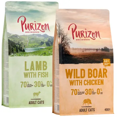 Purizon Katzenfutter für erwachsene Katzen: Lamm mit Fisch und Wildschwein mit Huhn. 70% Fleisch, 30% Obst/Gemüse, 0% Getreide. Hoher Proteingehalt von 44%. Verpackungsgrösse 400g.