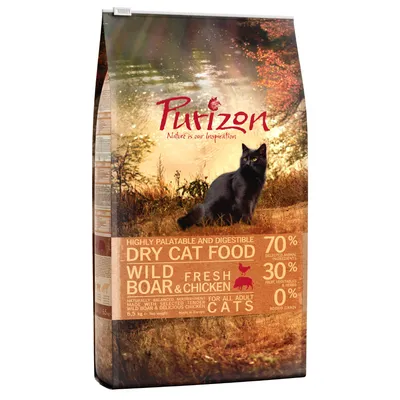 Purizon droog kattenvoer, wild zwijn & verse kip, 70% dierlijke ingrediënten, 30% groenten, fruit en kruiden, 0% toegevoegde granen, voor volwassen katten, zak van 6,5 kg.
