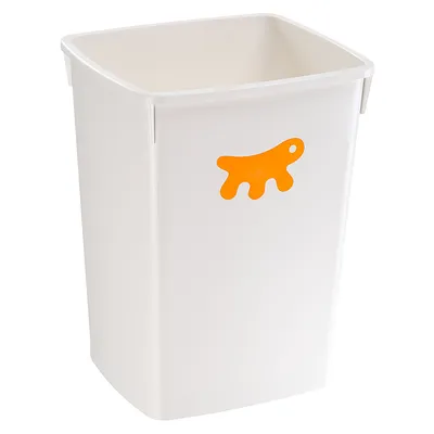 Hvid beholder med orange hundesymbol, egnet til opbevaring af foder eller tilbehør.
