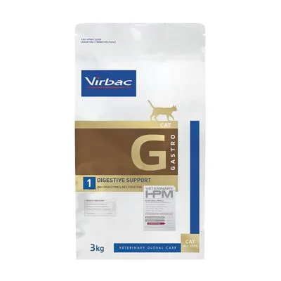 Virbac Cat Gastro G Digestive Support kattenvoer, 3 kg zak. Tekst: 'Digestive Support', 'Veterinary HPM', 'Cat all sizes', 'Veterinary Global Care'.