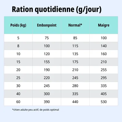 Tableau d'alimentation : ration journalière recommandée en grammes selon le poids et l'état corporel, colonnes pour surpoids, poids normal, sous-poids, valeurs de 5 à 60 kg.