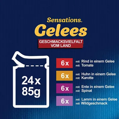 Sensations Gelees ποικιλία γεύσεων από την ύπαιθρο: 24x85g. 6x βοδινό με ντομάτα, 6x κοτόπουλο με καρότο, 6x πάπια με σπανάκι, 6x αρνί με γεύση θηράματος.