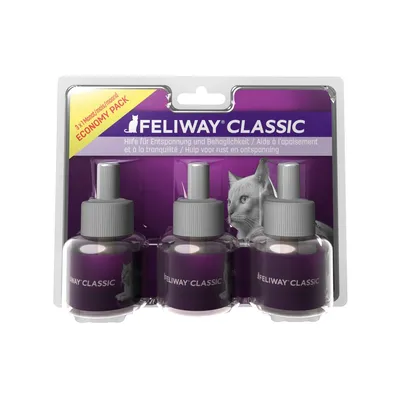Feliway Classic economy pack with three refill bottles, labelled for relaxation and tranquillity support. Text in multiple languages visible on packaging.
