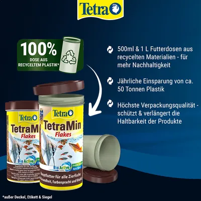 Tetra TetraMin Flakes, 100 % ambalaža od reciklirane plastike. Tekst na njemačkom: 500 ml i 1 l pakiranja od recikliranih materijala, godišnja ušteda 50 t plastike, visoka kvaliteta ambalaže.