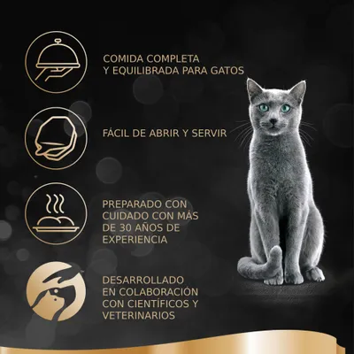 Texto em espanhol: comida completa e equilibrada para gatos, fácil de abrir e servir, preparado com mais de 30 anos de experiência, desenvolvido com cientistas e veterinários.