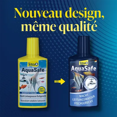 Tetra AquaSafe bouteille dans l'ancien et le nouveau design. Texte : Nouveau design, même qualité. Rend l'eau du robinet adaptée aux poissons, neutralise les substances nocives. Tetra AquaSafe bouteille dans l'ancien et le nouveau design. Texte : Nouveau design, même qualité. Rend l'eau du robinet adaptée aux poissons, neutralise les substances nocives.