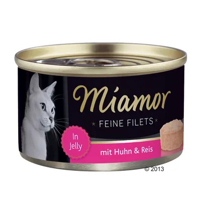 Miamor Feine Filets In Jelly mit Huhn & Reis, boîte avec photo de chat et filet visible. Texte en allemand.