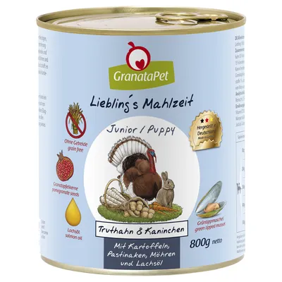 GranataPet Liebling's Mahlzeit Junior/Puppy, Truthahn & Kaninchen, 800 g. Bez zbóż, z olejem z łososia i pestkami granatu. Wyprodukowano w Niemczech. Widoczne ilustracje indyka i królika.