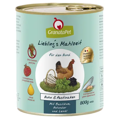 GranataPet Liebling's Mahlzeit para cão, Huhn & Pastinaken, sem cereais, sementes de romã, óleo de linhaça, mexilhão verde, 800 g. Texto em alemão e inglês visível na embalagem.