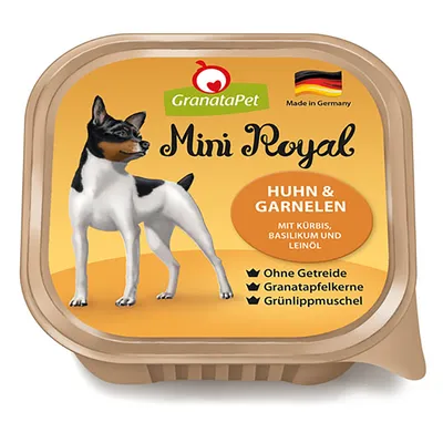 GranataPet Mini Royal kurczak i krewetki, z dynią, bazylią i olejem lnianym. Bez zbóż, pestek granatu, małży zielonowargowych. Wyprodukowano w Niemczech.