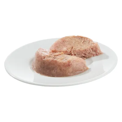 Två portioner våtfoder i bitar på en vit tallrik, ingen synlig förpackning eller varumärke.
