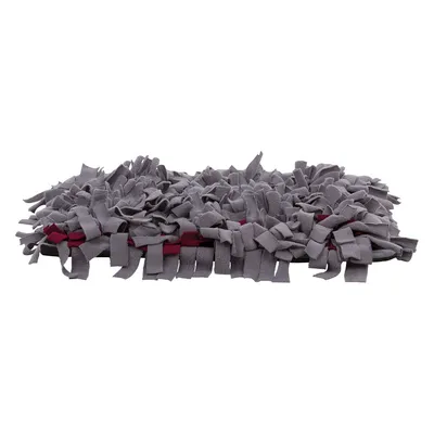 Grijze snuffelmat van stof met losse stroken, rechthoekig model, rode onderlaag zichtbaar aan de zijkant.