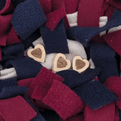 Heart-shaped treats on a red, blue and white fabric toy.