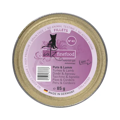Catz Finefood Fillets Nr. 411, indyk i jagnięcina, 85g, wyprodukowane w Niemczech, bez dodatku cukru, bez zbóż, bez testów na zwierzętach.