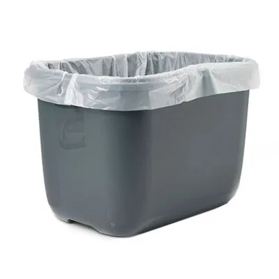 Grijze kunststof bak met transparante plastic zak, geschikt als kattenbak of afvalbak. Geen merknaam of extra tekst zichtbaar.