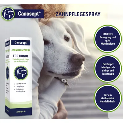 Canosept Zahnpflegespray für Hunde. Effektive Reinigung und gute Maulhygiene. Bekämpft Maulgeruch sicher und langfristig. Für ein strahlendes Hundelächeln. Frischer Atem, Zahnpflege.