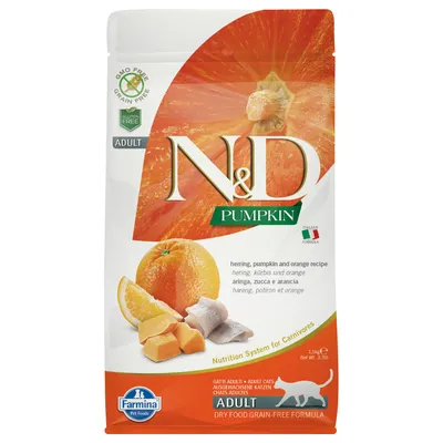 N&D Pumpkin Adult Trockenfutter für Katzen mit Hering, Kürbis und Orange. Glutenfrei, getreidefrei, GMO free. Farmina Pet Foods. Italian Formula.