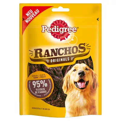 Pedigree Ranchos Originals, rig på kylling, 95% kød, fremstillet i EU. Emballagen viser en glad hund.