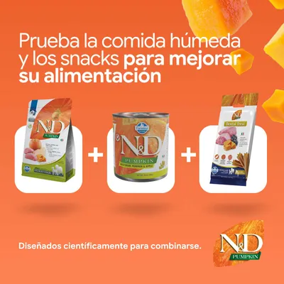 N&D Pumpkin pienso, comida húmeda y Dental Treats. Desarrollado para combinarse y ofrecer una mejor nutrición.