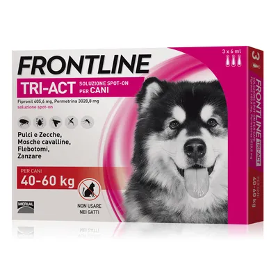 Frontline Tri-Act soluzione spot-on per cani 40–60 kg, 3 x 6 ml. Fipronil 405,6 mg, Permetrina 3028,8 mg. Pulci e zecche, mosche cavalline, flebotomi, zanzare. Non usare nei gatti.