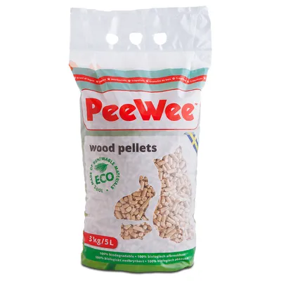 PeeWee wood pellets, 3kg/5L. Made of renewable materials, 100% biologisch abbaubar. Abbildung von Pellets in Tierformen: Kaninchen, Katze und Maus.