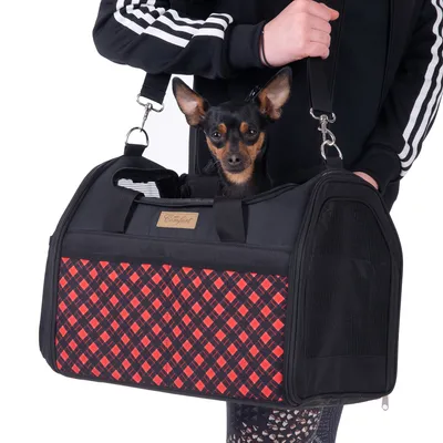 Sac de transport pour animaux Comfort, tissu à motif rouge et noir, panneaux latéraux en maille, porté à l’épaule par une personne, oreilles d’un petit chien visibles.