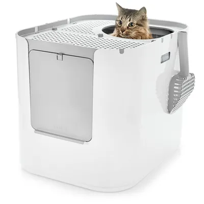 Kočka v bílé plastové kryté toaletě s horním vstupem, šedými dvířky a lopatkou zavěšenou na boku. Na přední straně je nápis 'modkat'.