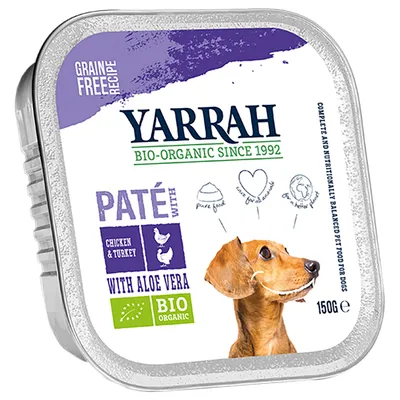 Yarrah BIO-ORGANIC SINCE 1992, PATÉ WITH CHICKEN & TURKEY WITH ALOE VERA, GRAIN FREE RECIPE, BIO ORGANIC, 150 g. Billede af hund på emballagen.
