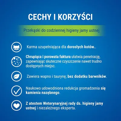 Cechy i korzyści: przekąski do higieny jamy ustnej kotów, chrupiąca faktura, wapno i tauryna bez barwników, redukcja kamienia nazębnego, atest weterynaryjny. Tekst po polsku.