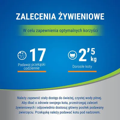 Zalecenia żywieniowe: podawaj 17 przekąsek codziennie dorosłym kotom o masie 2,5 kg. Zapewnij stały dostęp do świeżej wody i dostosuj główny posiłek do zaleceń.