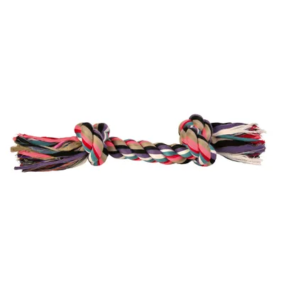 Jucărie pentru animale din sfoară textilă multicoloră, cu două noduri și capete desfăcute. Material: textil. Nu este vizibil niciun brand sau text pe produs.