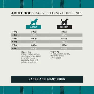 Feeding table for adult and senior dogs: recommended daily amounts from 300 g to 650 g for adults, 240 g to 600 g for seniors, depending on body weight from 30 kg to 80 kg.
