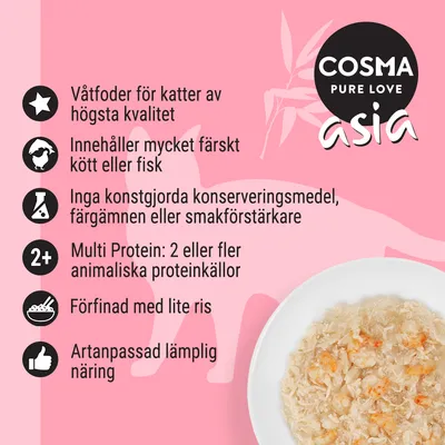 COSMA PURE LOVE asia. Våtfoder för katter av högsta kvalitet, mycket färskt kött eller fisk, inga konstgjorda tillsatser, multi protein, lite ris, artanpassad näring.