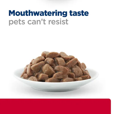Bowl of meaty chunks in gravy with the text 'Mouthwatering taste pets can’t resist' above.