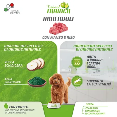 Natural Trainer Mini Adult con manzo e riso. Ingredienser: yucca schidigera, alga spirulina, med frugt. Uden farvestoffer, konserveringsmidler, tilsat sukker. Made in Italy. Tekst på italiensk.