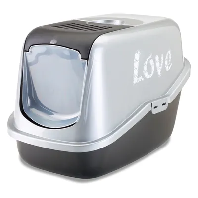 Toilette chiusa per gatti grigia con coperchio nero e sportello basculante. Scritta laterale 'Love' con lettere glitterate.