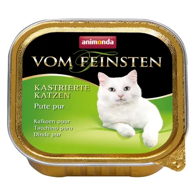 Embalagem de comida húmida para gatos Animonda Vom Feinsten. Texto visível: KASTRIERTE KATZEN, Pute pur, Kalkoen puur, Tacchino puro, Dinde pur.