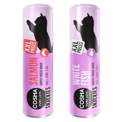 Cosma Snackies Pure Love, gefriergetrocknet, XXL Stücke, Sorten: Lachs und Weissfisch, 100% reiner Fisch.