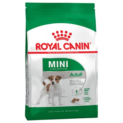 Royal Canin MINI Adult -kuivaruokapakkaus pienille koirille, näkyvissä teksti: ALL SMALL DOGS UP TO 10 KG, ADULT, ADAPTED ENERGY, ENHANCED PALATABILITY.