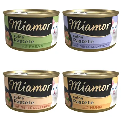 Miamor Feine Pastete in vier Sorten: mit Fasan, mit Geflügelherzen, mit Geflügelleber und mit Huhn. Katzenfutter in Dosen.