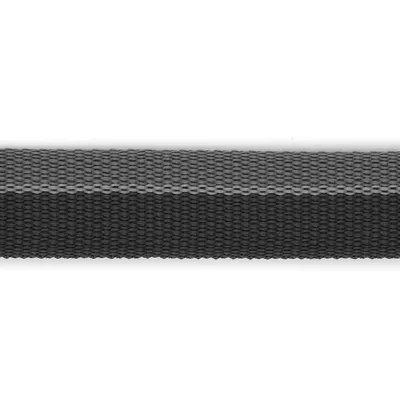 Detail van een zwart-grijze geweven band, materiaal lijkt textiel. Geen merknaam of tekst zichtbaar.
